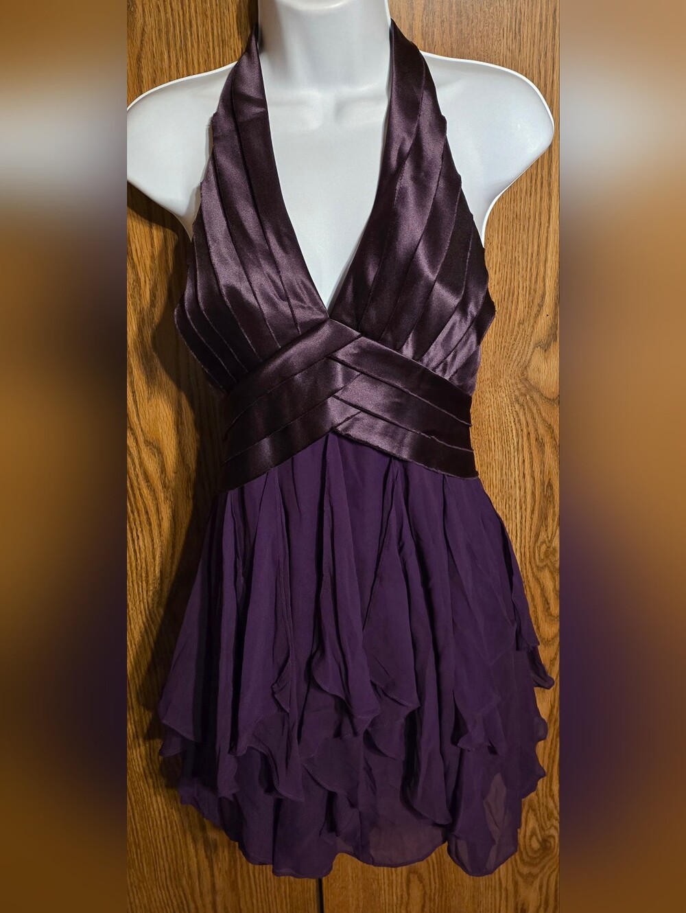 BCBGMaxAzria Plum Satin Bodice Layered Chiffon Backless Dress